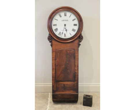 A mid 19th century mahogany trunk dial wall clock by Joyce of Whitchurch, the 34cm painted dial applied with Roman numerals a