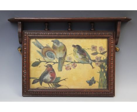 English school (late 19th century),Garden birds on a blossom twig against a gilt ground in the Aesthetic manner,Oil on panel,