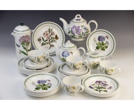 A Portmeirion part dinner service in the "Botanic Garden" pattern, comprising: a large teapot, a small teapot, a cafetiere, a