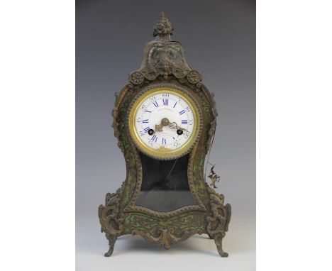 A Louis XVI style green boulle mantel clock, by Lay & Cherfils, mid to late 19th century, of typical waisted form, the 7cm wh