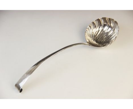 A George III Irish silver 'hook-end' soup ladle, marks for 'W.F', Dublin 1771, scalloped bowl with shell back, bright-cut dec