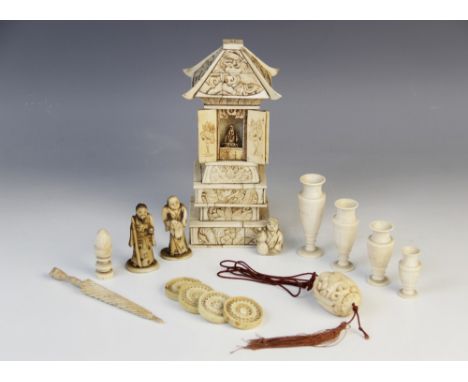 A selection of European and Chinese ivory carvings, 19th century, including a travelling shrine, 18cm high, a graduated set o