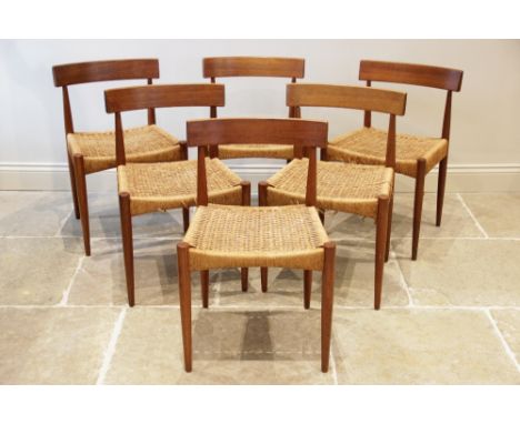 A set of six 1960's Danish teak dining chairs by Arne Hovmand for Mogens Kold, each chair with a concave top rail above a rus