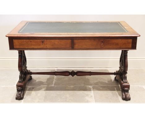 A William IV mahogany writing table, the rectangular moulded top inset with a replaced skiver over two frieze drawers, raised