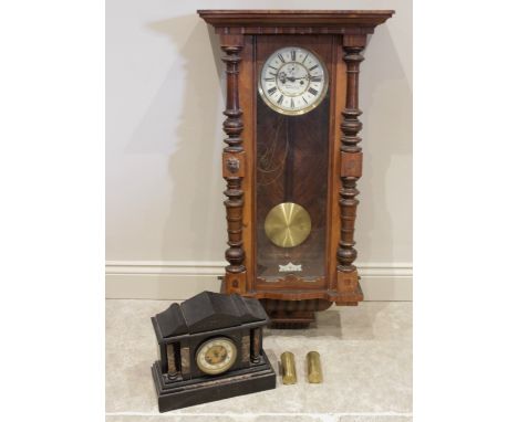 A Victorian twin weight beech and walnut Vienna wall clock, the 19cm white enamelled dial with a subsidiary second dial signe