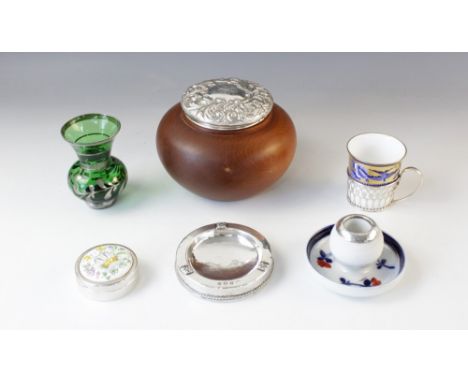 An Arts &amp; Crafts silver mounted pin dish, Albert Edward Jones, Birmingham 1913, of circular form with planished bowl and 
