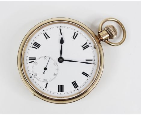 A George V 9ct gold open face pocket watch, the circular white enamel dial with Roman numerals and subsidiary seconds dial, s