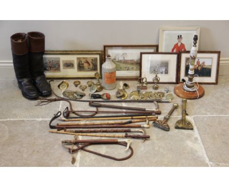 A pair of early 20th century Andertons leather riding boots (heel to toe 31cm), ten assorted riding whips and crops to includ