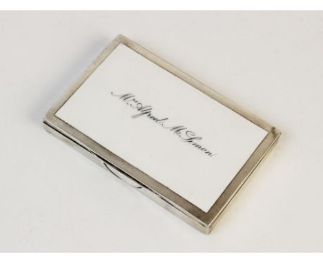 A Victorian silver and enamelled card case by William Neale, Birmingham 1894, of rectangular form with white enamelled panel 
