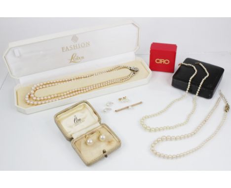 A string of Ciro cultured pearls, the graduated pearls measuring between 3.3mm and 7.4mm, with a 9ct gold barrel clasp, 44.5c