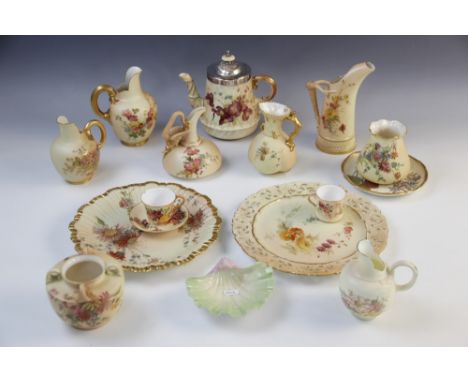 A collection of Royal Worcester blush ivory pieces, comprising: a white metal mounted teapot with wrythen spout and scroll ha