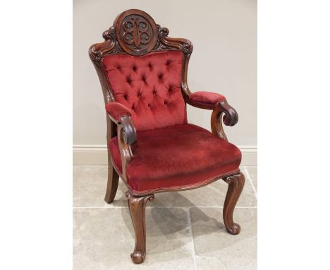 A Victorian mahogany and upholstered ceremonial/commemorative open armchair, in red velour fabric, the high back centred with