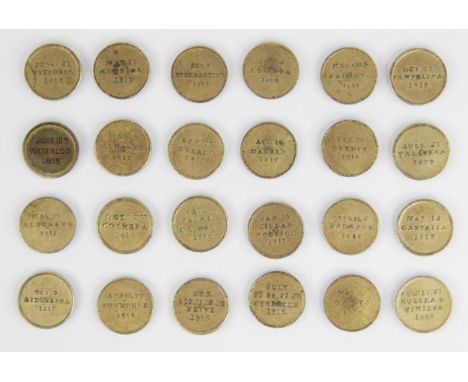 A series of early 19th Century 'British Victories' tokens, contained within a tubular brass box, inscribed 'British Victories
