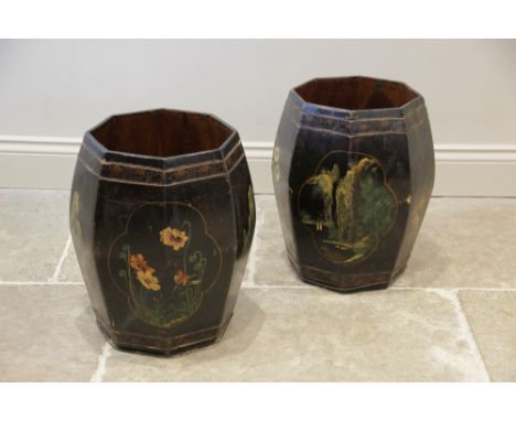 A pair of decorative Chinese painted pine stick stands, each of barrel shaped octagonal form and painted with lozenges of bir
