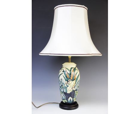 A Moorcroft 'Bullrush' pattern table lamp base, of baluster form on turned wooden base, tube-lined and hand painted decoratio