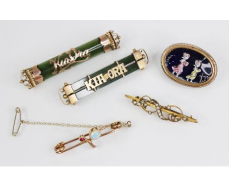 A selection of Victorian and later brooches, to include; a George V 9ct gold seed pearl set bar brooch, marks for Chester 191