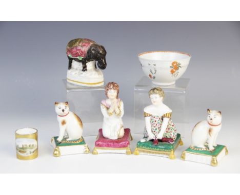 A selection of 19th century Staffordshire figures, to include a pair of seated cats, anchor marks to the reverse, 7cm high, a