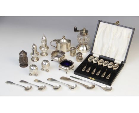 A selection of silver and silver coloured tableware, to include; a cased set of six silver teaspoons by Bishton?s Ltd, Birmin