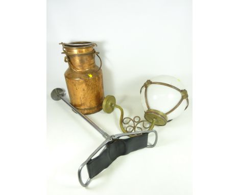 Small copper milk churn, gilt metal Victorian style wall light and a shooting stick (3)   Condition Report   Click here for f
