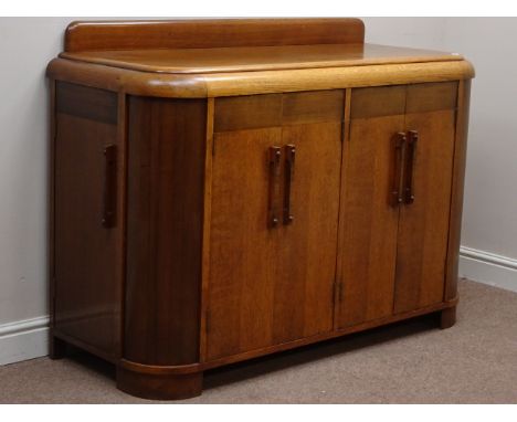Art Deco oak and walnut sideboard, two double cupboards and cupboard to each end, curved corners, W136cm, H100cm, D55cm   Con