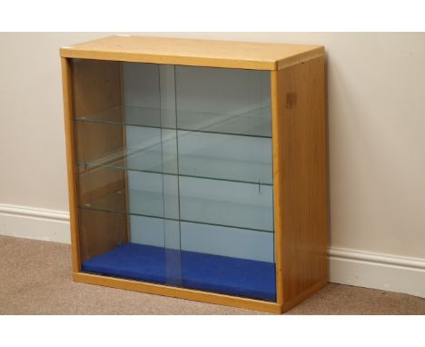 Light oak illuminated display cabinet enclosed by two sliding glass doors, adjustable glass shelves, W80cm, H80cm, D35cm   Co
