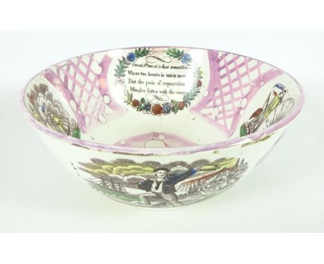 19th Century Sunderland pink lustre bowl with various scenes including 'The Sailors Farewell', 'Come Box The Compass' and 'Sc