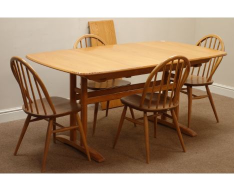 Set four Ercol 'Windsor' light elm and beech stick and hoop back dining chairs and elm extending dining table with leaf, 92cm