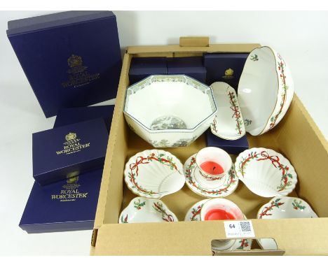 Royal Worcester Holly Ribbons decorative ceramics, with original boxes and a Wedgwood 'Chinese Legend' octagonal bowl one box