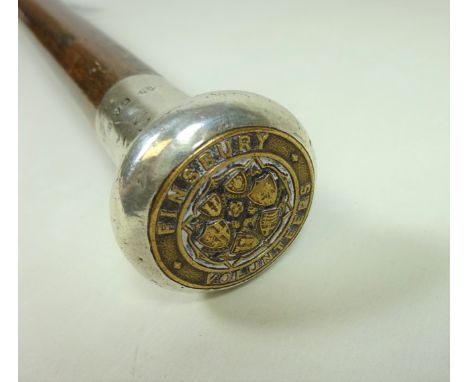 Early 20th Century mahogany walking stick with hallmarked silver top and 'Finsbury Volunteers' crest    Condition Report   Cl