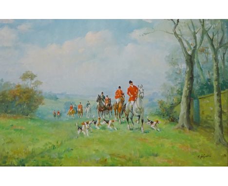 Fox Hunting Scene, oil on canvas indistinctly signed 60cm x 90cm in gilt frame   Condition Report   Click here for further im