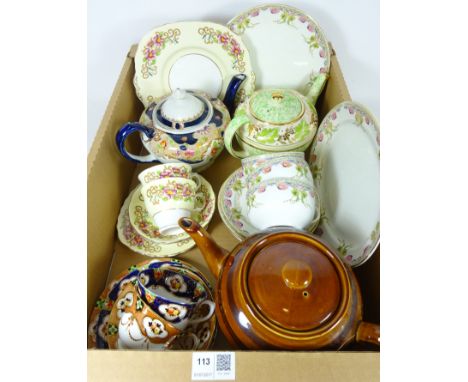 Early 20th Century Corona ware tea pot, similar Royal Albert cup and saucer, treacle glaze teapot and other decorative teawar