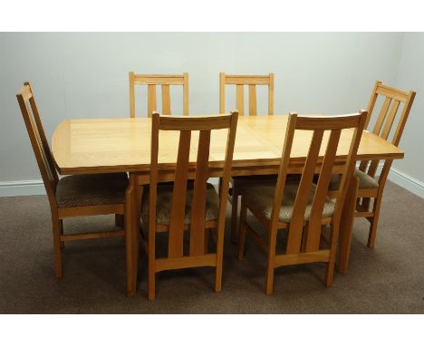 Light oak rectangular extending dining table with additional leaf (96cm x 151cm - 197cm, H76cm), and six dining oak dining ch