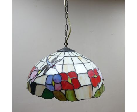 Tiffany style leaded centre light shade decorated with Dragonflies and flowers    Condition Report   Click here for further i