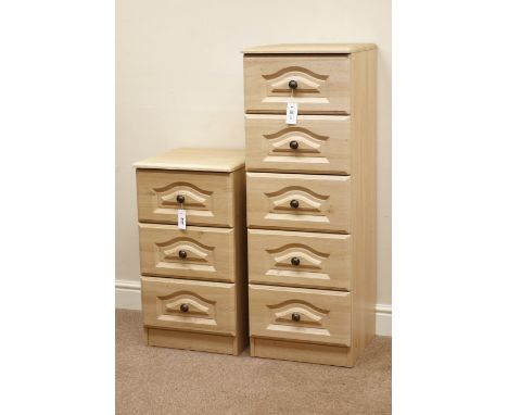 Light oak finish five drawer pedestal chest and matching three drawer chest   Condition Report   Click here for further image