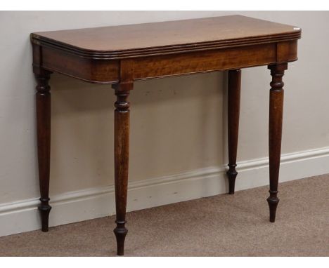 Early Victorian mahogany tea table, fold over top with rounded corners, on turned supports, double gate leg action base, W94c