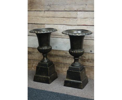 Pair bronze finish garden urns on plinths, egg and dart rim detail, D46cm, H86cm   Condition Report   Click here for further 