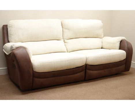 Large two seat manual reclining two tone sofa, upholstered in brown and cream fabric, W225cm   Condition Report   Click here 