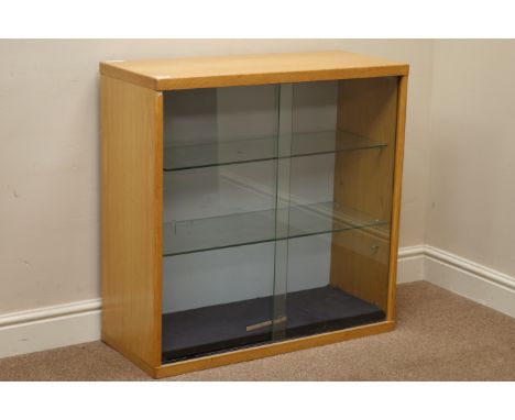 Light oak illuminated display cabinet enclosed by two sliding glass doors, adjustable glass shelves, W80cm, H80cm, D35cm   Co