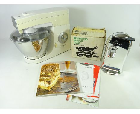 Kenwood Chef mixer with three attachments and instructions, Kenwood Mincer and a Kenwood electric tin opener  (This item is P