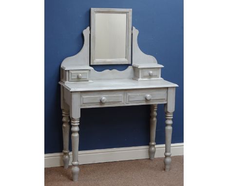 Painted and waxed pine dressing table, two drawers, two raised trinket drawers and swing mirror, turned supports, W92cm, H136