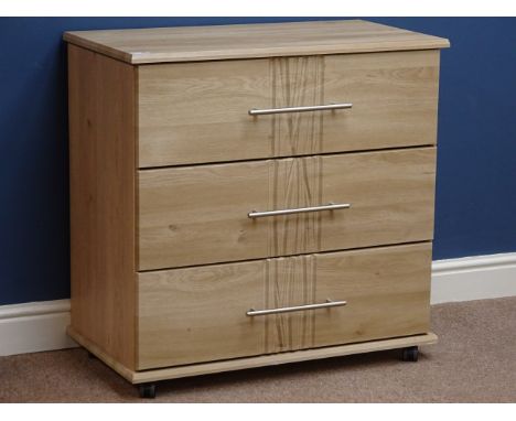 Light oak finish three drawer chest, W78cm, H77cm, D42cm   Condition Report   Click here for further images, condition, aucti