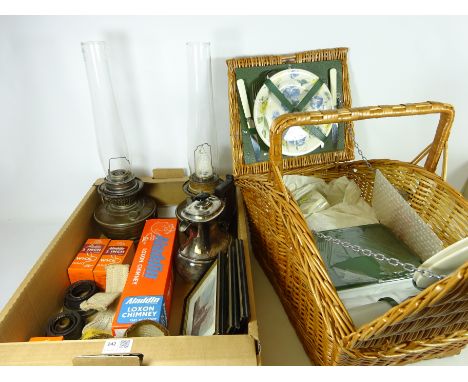 Two early 20th Century Aladdin paraffin lamps, boxed Aladdin wicks, silver plated tea pot, Optima wicker picnic hamper and mi