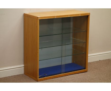 Light oak illuminated display cabinet enclosed by two sliding glass doors, adjustable glass shelves, W80cm, H80cm, D35cm   Co