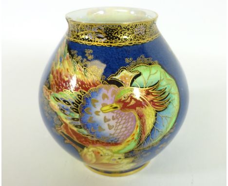 Carlton Ware crested bird and waterlily vase with enamel and gilt chinoiserie decoration, no. 3529 with printed marks to base