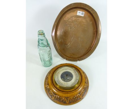 Circular carved oak barometer, Burstall cod bottle and walker copper plate (3)   Condition Report   Click here for further im