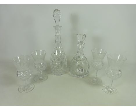 Two Edinburgh crystal Thistle patterned white wine glasses and two red wine glasses, heavy cut glass decanter etched with gra