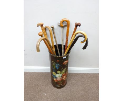 Ten walking sticks and stick stand hand painted with flowers, H61cm    Condition Report   Click here for further images, cond