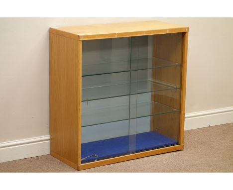 Light oak illuminated display cabinet enclosed by two sliding glass doors, adjustable glass shelves, W80cm, H80cm, D35cm   Co