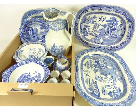 Large 19th Century blue and white jug, three willow pattern meat plates, Copeland Spode Italian small jug, other Spode and bl