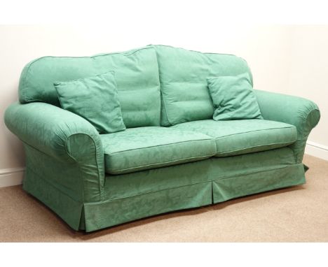 Multi-York traditional shaped sofa (W210cm), and matching pair armchairs (W110cm), upholstered in changeable green covers   C